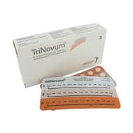 Trinovum mit Norethisteron und Ethinylestradiol Verpackung mit der Rückseite einer Blisterpackung