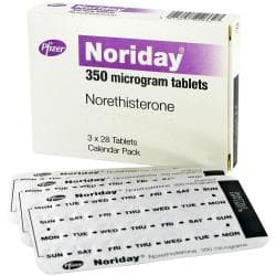 Noriday mit Norethisteron 3x28 Tabletten Verpackung mit der Rückseite der Blisterpackungen