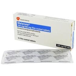 Malarone mit Atovaquon und Proguanil-Hydrochlorid 12 mal 250/100mg Filmtabletten Verpackung und Blisterpackung
